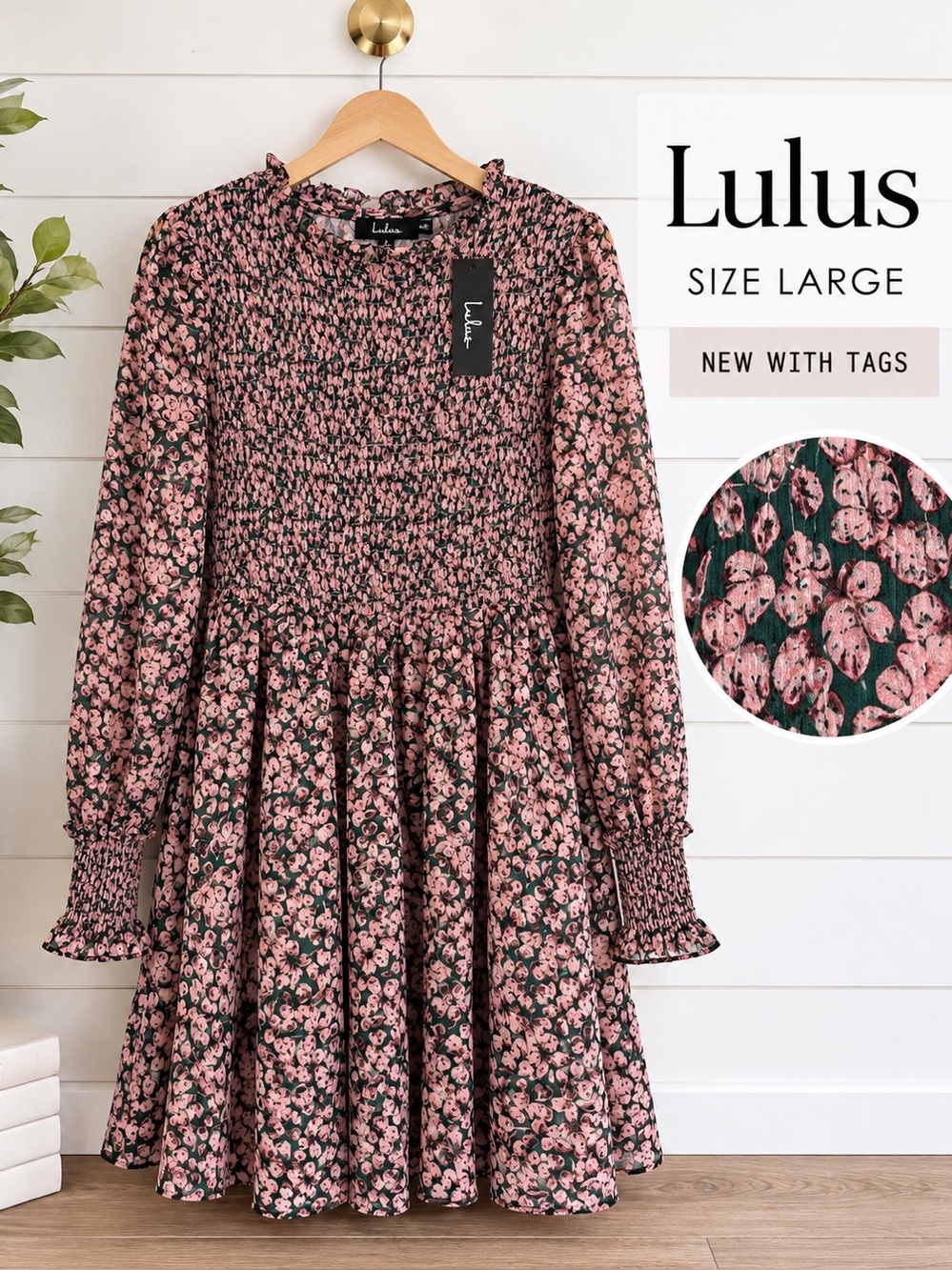 🌸 NWT Lulus Floral Smocked Long Sleeve Dress Size Large